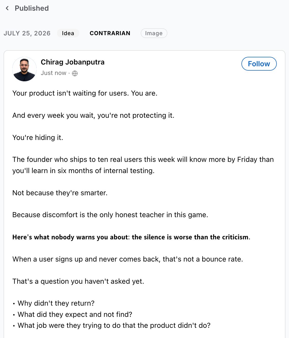 The rough note rewritten by ScoutHook into a polished LinkedIn post.