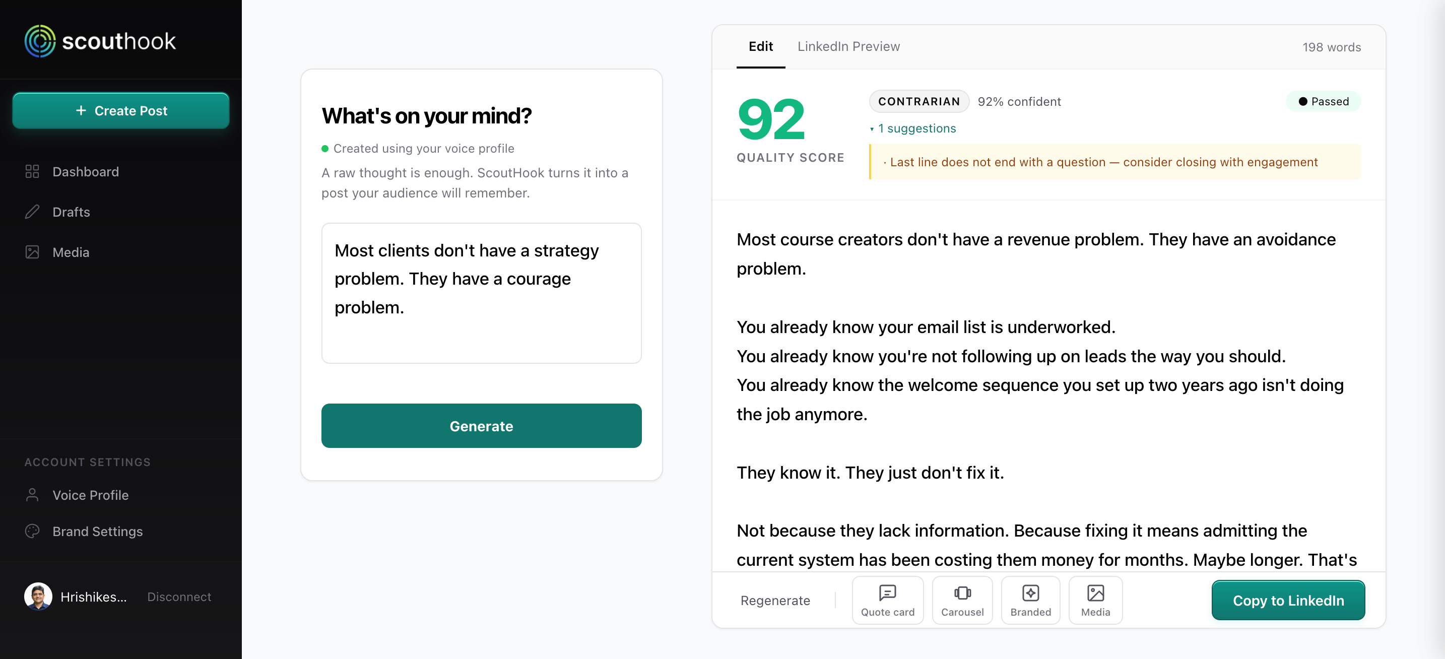 Scouthook app, type a thought, get a quality-scored LinkedIn post