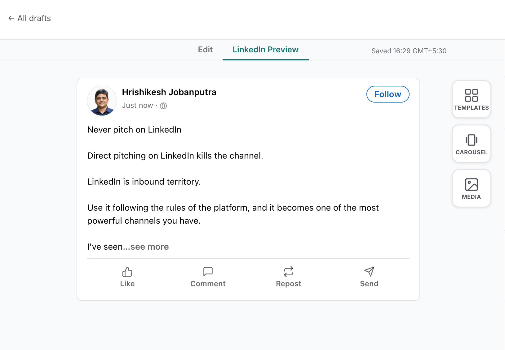 ScoutHook LinkedIn post preview, showing a drafted post with live engagement